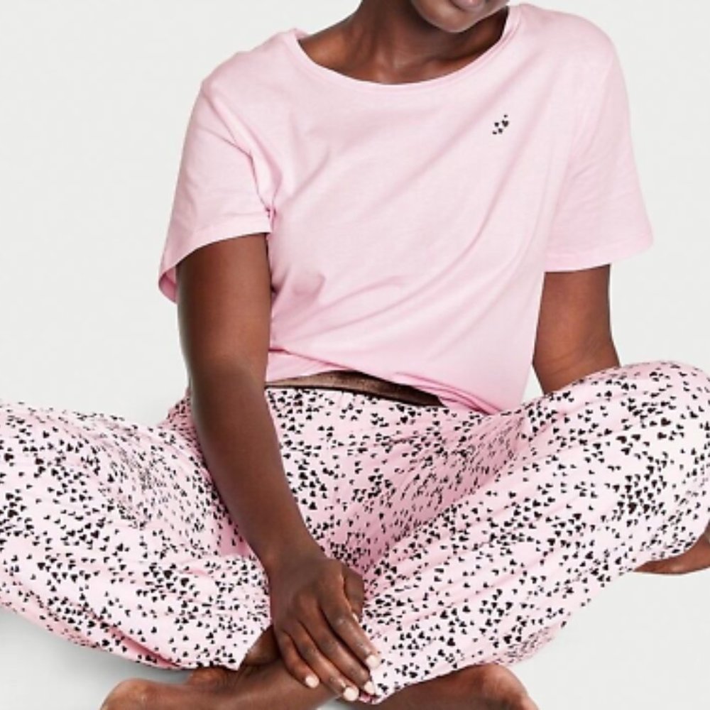 VICTORIA'S SECRET Cotton Flannel Tee-jama Set M / REGULAR LENGTH Pink Hearts VS